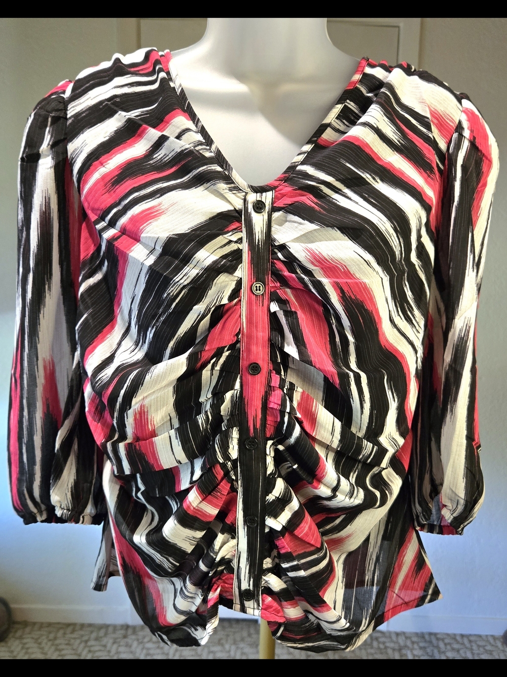 A...Love Story 3/4 Sleeve Pink, Black & White Ruched V-Neck Blouse
